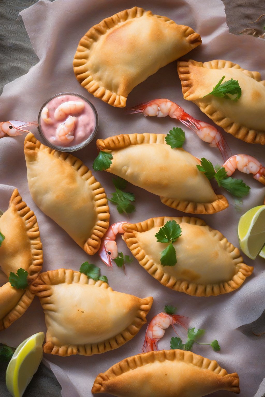 A high-resolution photo of Brazilian shrimp empanadas with pink shrimp tails peeking out, on a beachy backdrop, under soft lighting.