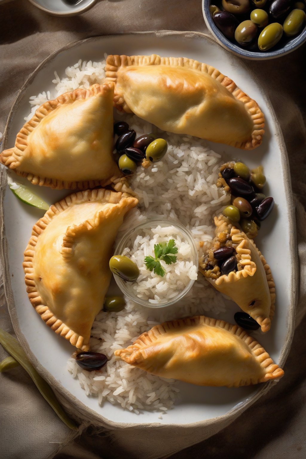 A high-resolution photo of Cuban picadillo empanadas sliced to reveal olives and raisins, with rice nearby, under soft lighting.