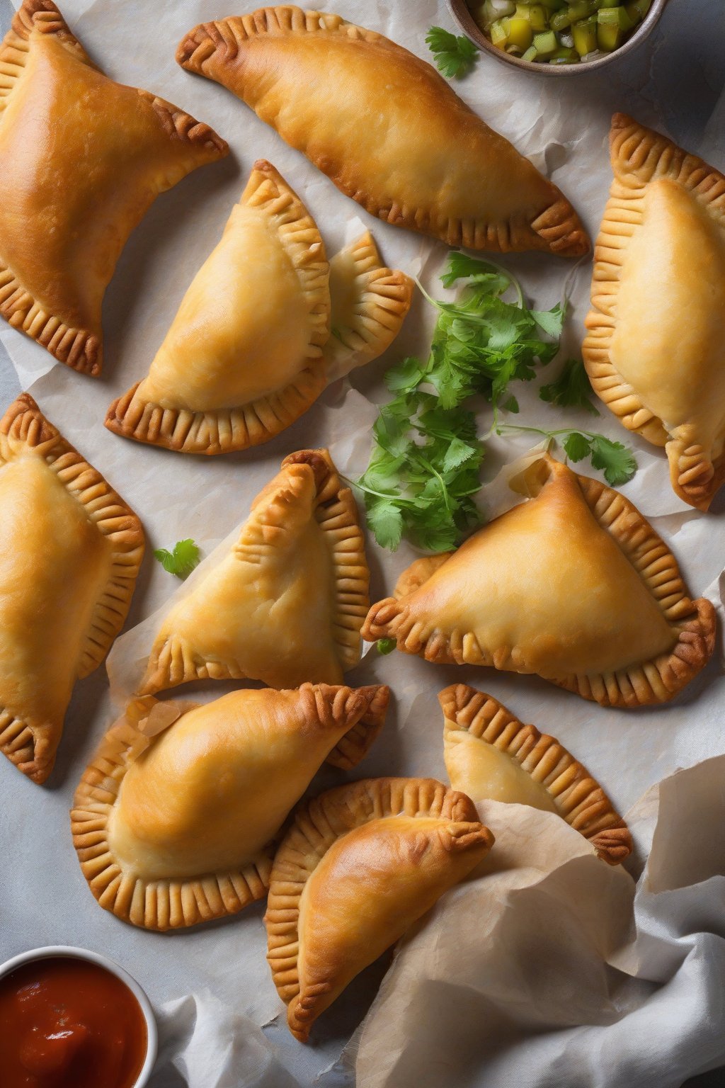 A high-resolution photo of fried Bolivian charque empanadas, crispy edges with potato filling, under soft lighting.