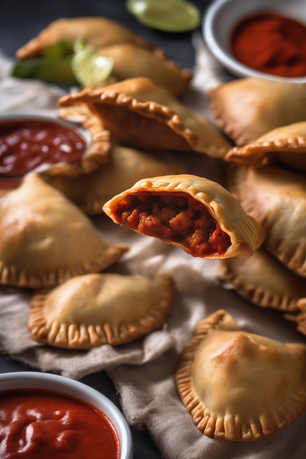 A high-resolution photo of Ecuadorian pork mote empanadas, vibrant red from achiote, steaming fresh, under soft lighting.