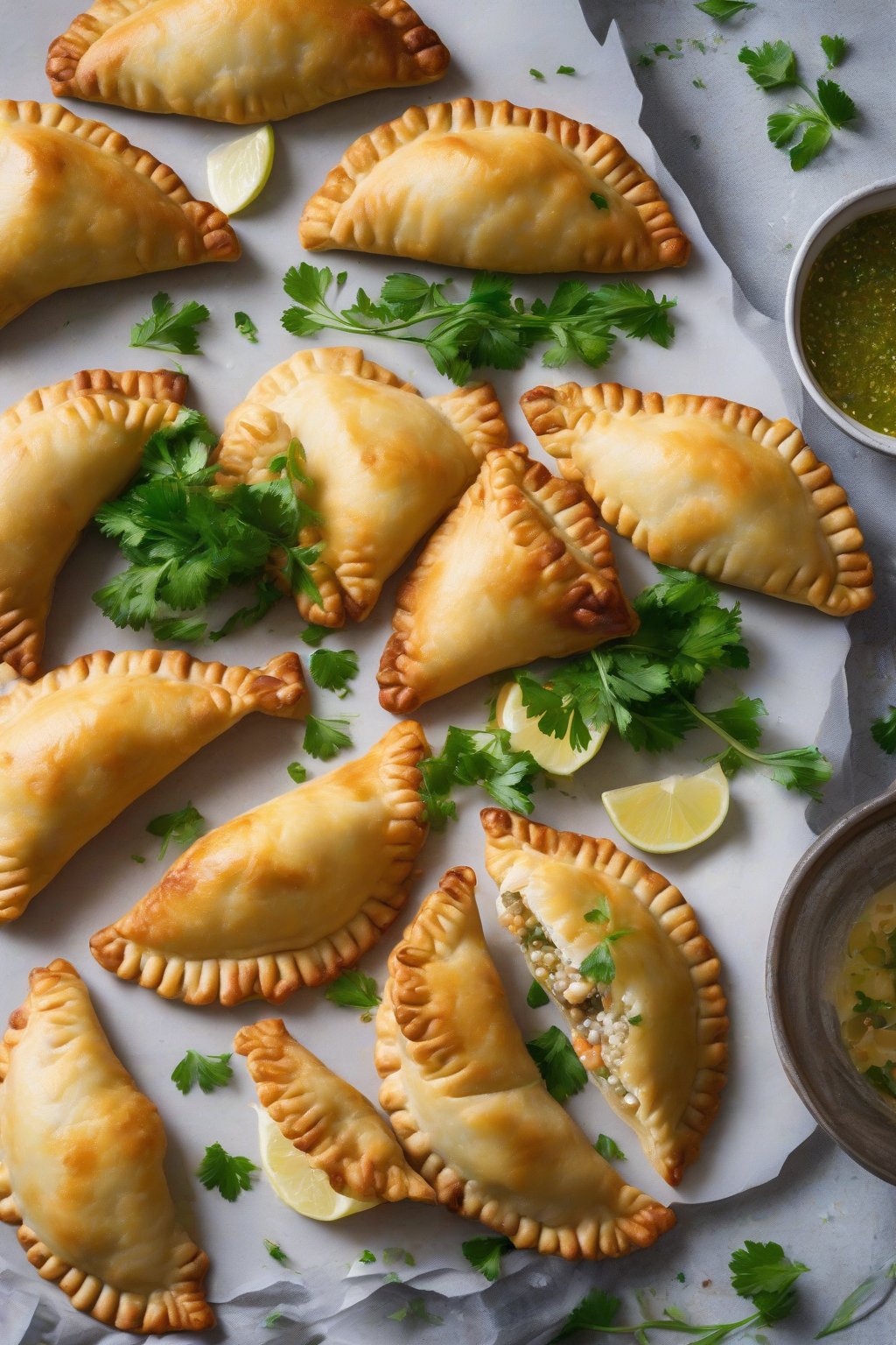 A high-resolution photo of Portuguese cod empanadas with flaky fish visible, sprinkled with parsley, under soft lighting.
