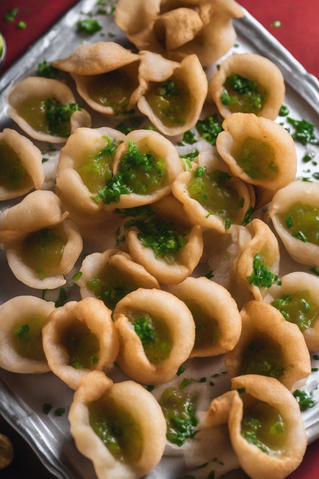 A high-resolution photo of classic teekha pani puri with crispy shells bursting with spicy green water, garnished with sev, under soft lighting.