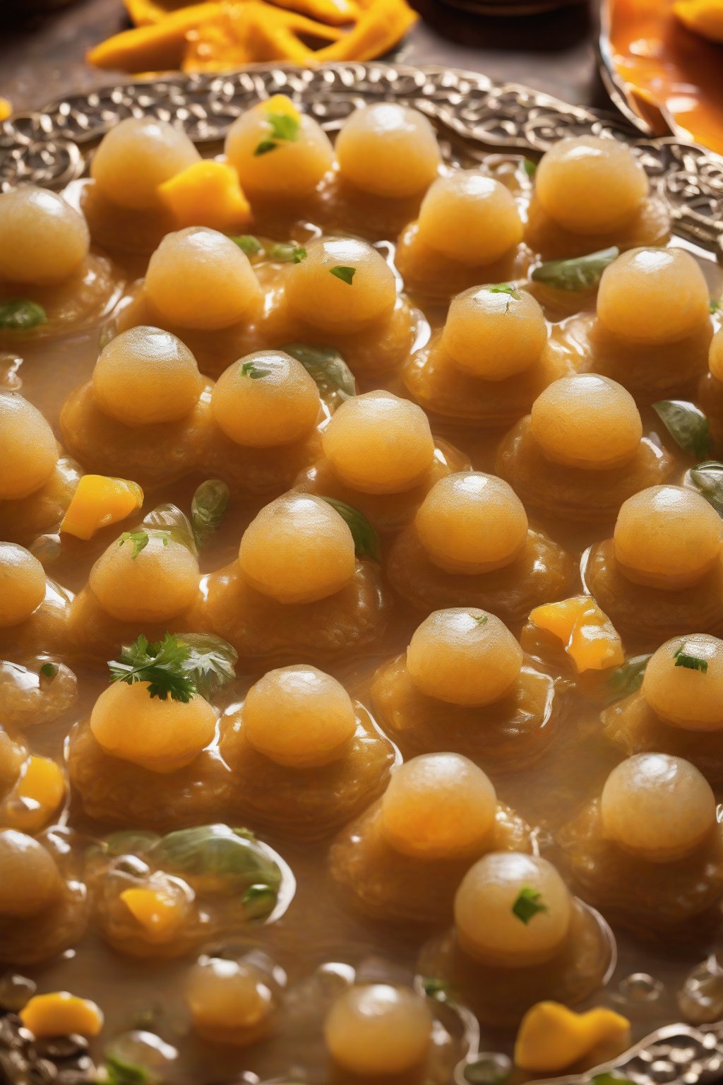A high-resolution photo of mango habanero pani puri, golden puris overflowing with vibrant orange spicy water, under soft lighting.