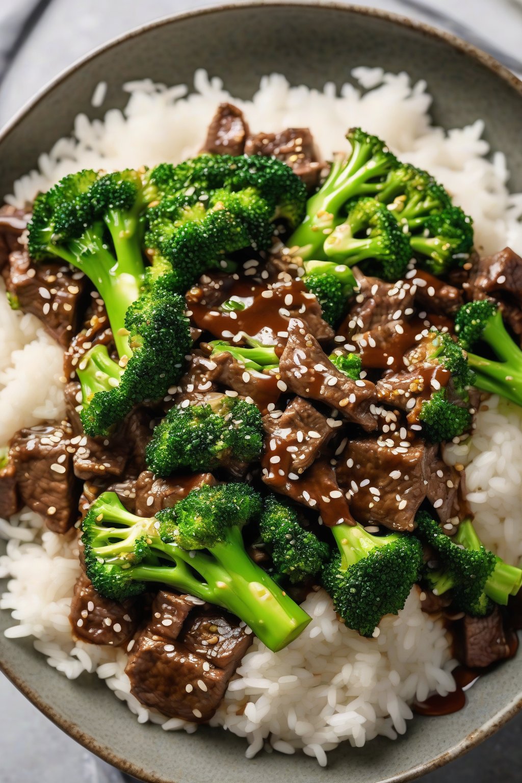 A high-resolution photo of beef and broccoli bowl with glossy sauce over fluffy rice, sesame seeds sprinkled on top, under soft lighting.