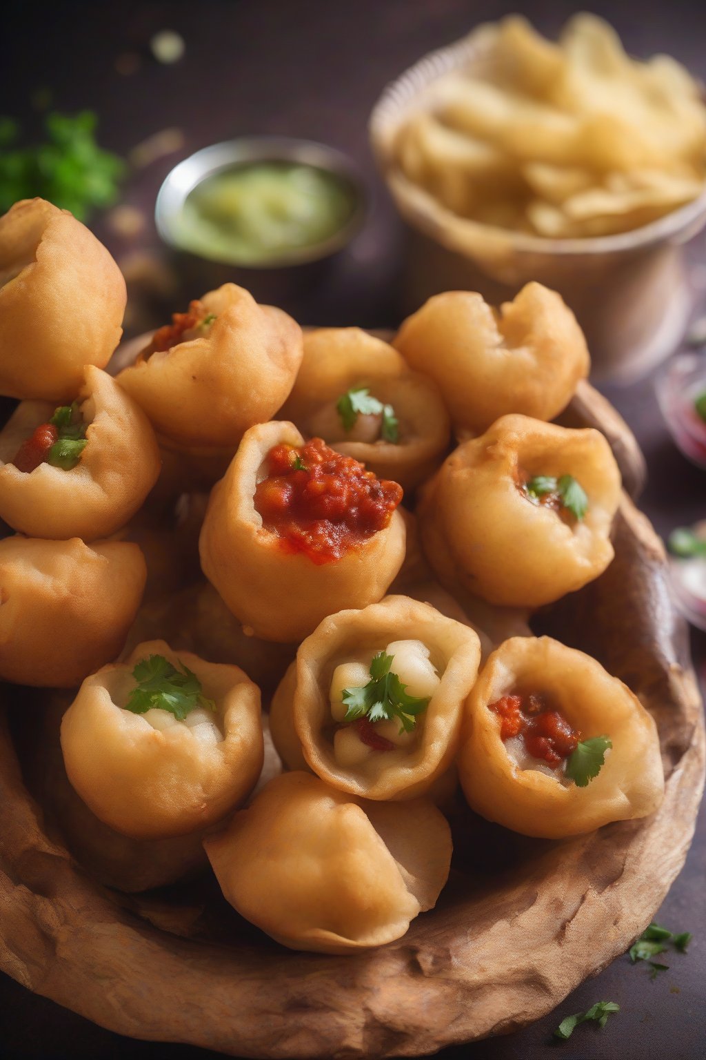 A high-resolution photo of garlic fireball pani puri, puris filled with potatoes and drenched in red-tinged spicy pani, steam rising, under soft lighting.