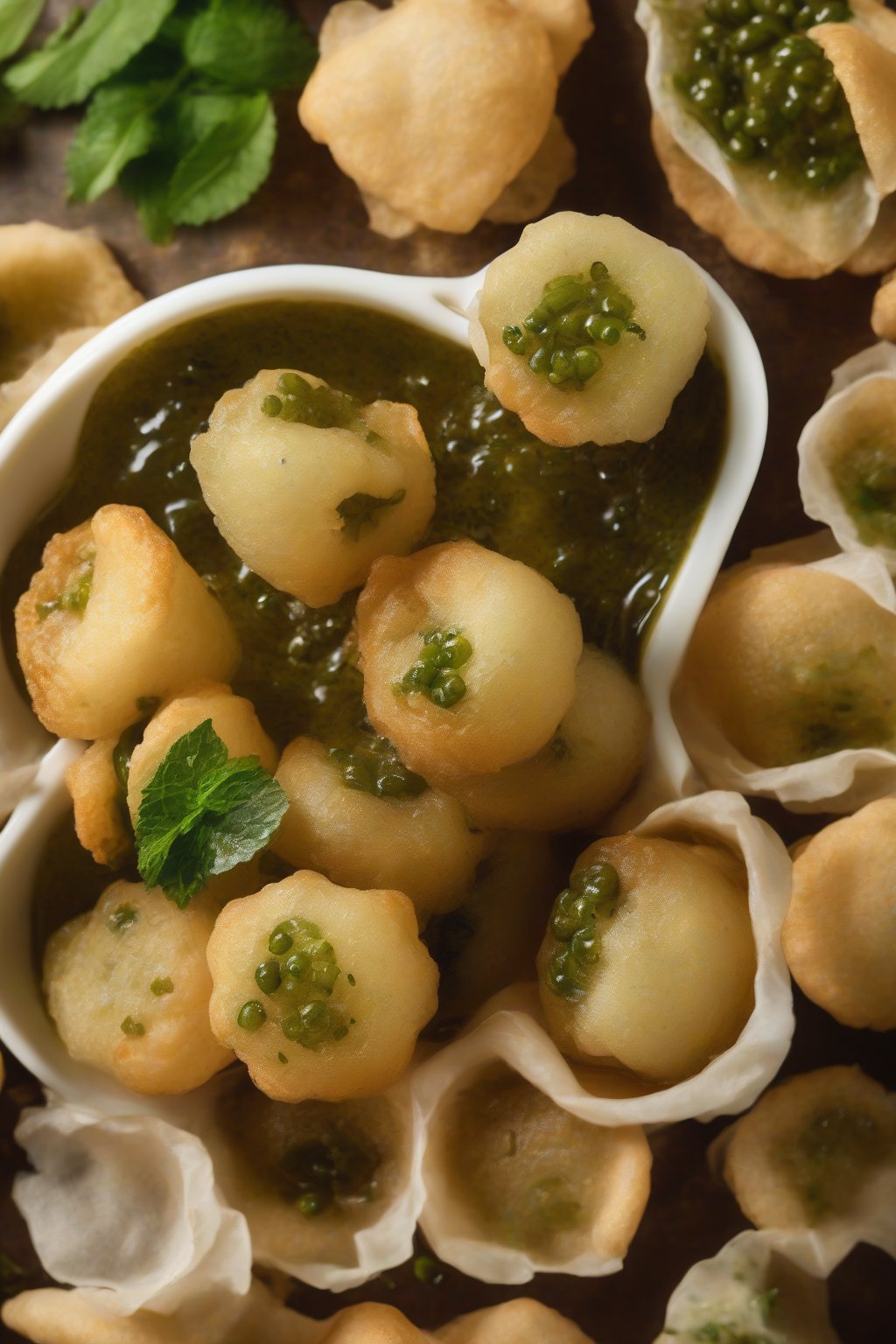 A high-resolution photo of jalapeño mint blast pani puri, green-flecked pani spilling from crisp puris, under soft lighting.