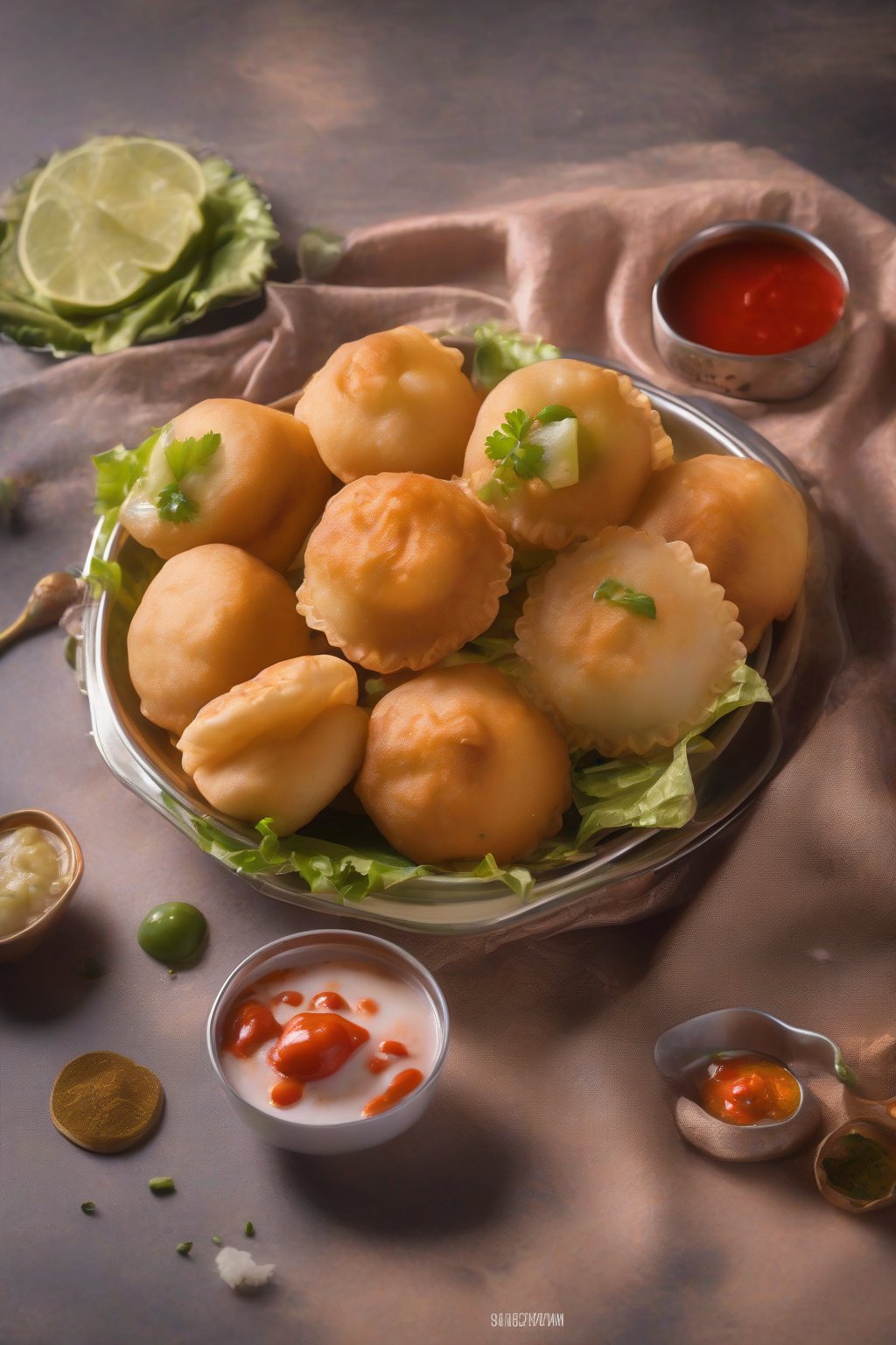 A high-resolution photo of schezwan fusion pani puri, red-sauced puris with veggies and fiery pani, under soft lighting.