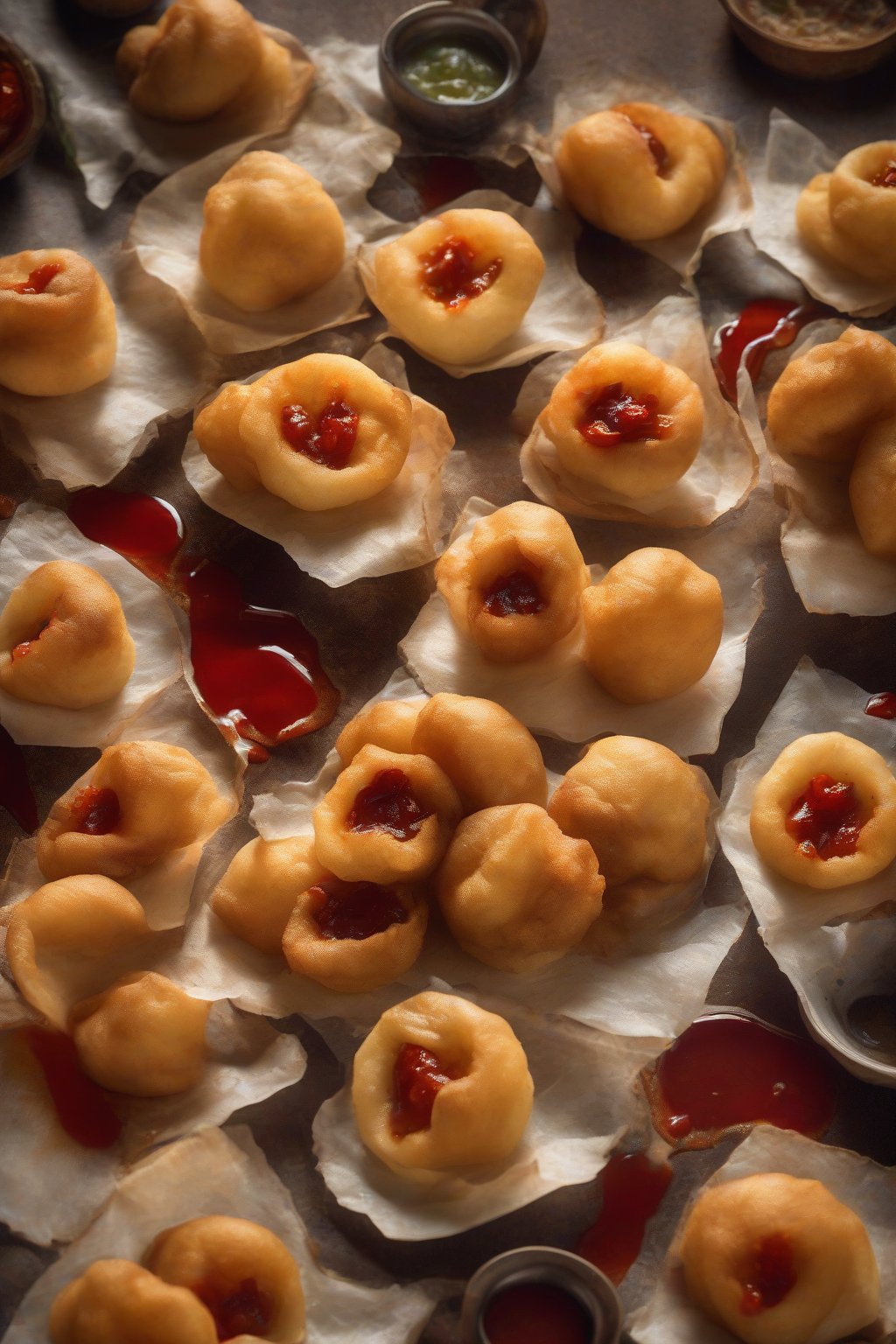 A high-resolution photo of bhut jolokia inferno pani puri, tiny puris with dangerously red pani, warning steam, under soft lighting.