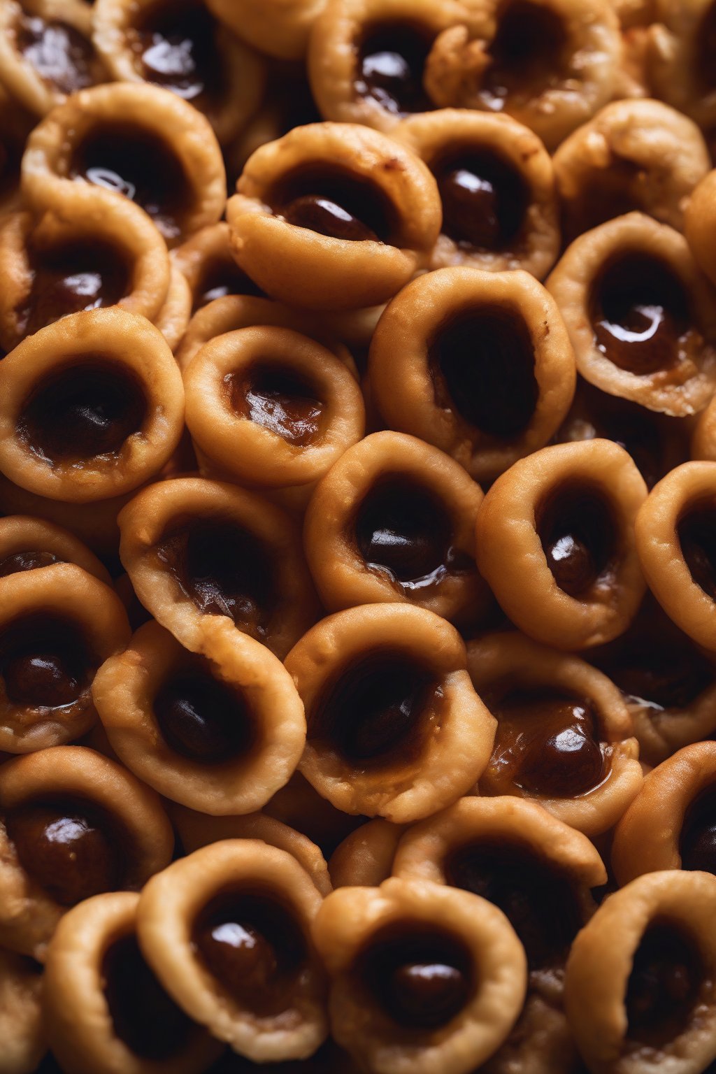 A high-resolution photo of tamarind chili vortex pani puri, dark tangy pani swirling around filled shells, under soft lighting.
