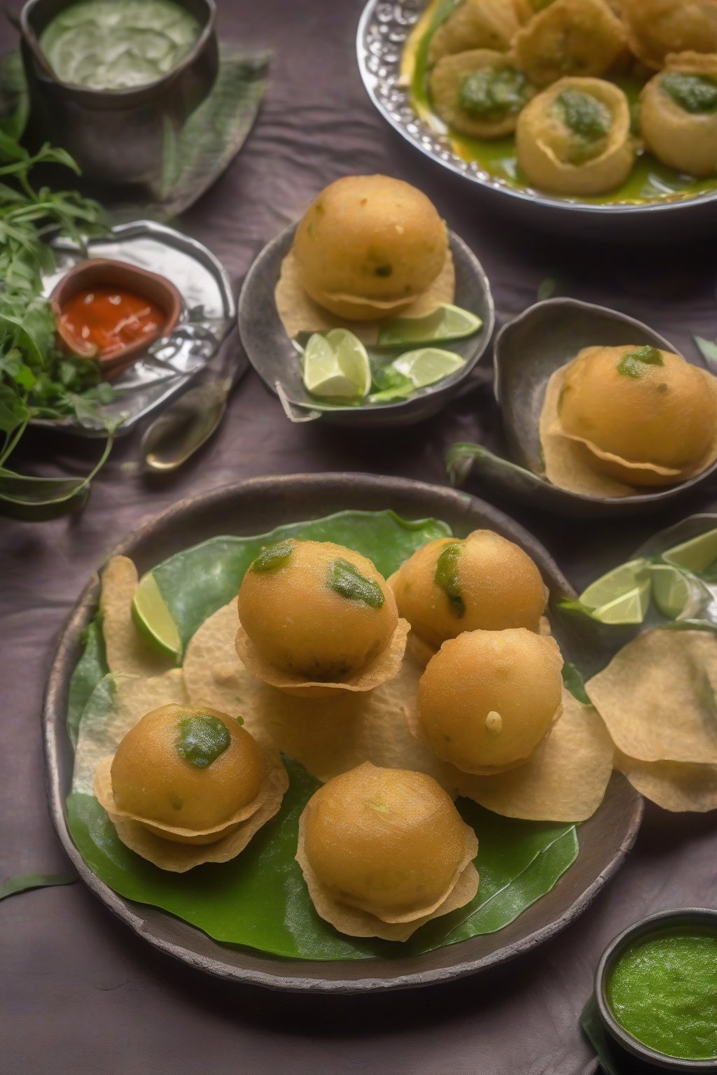 A high-resolution photo of curry leaf chili storm pani puri, aromatic green flecks in spicy pani over puris, under soft lighting.