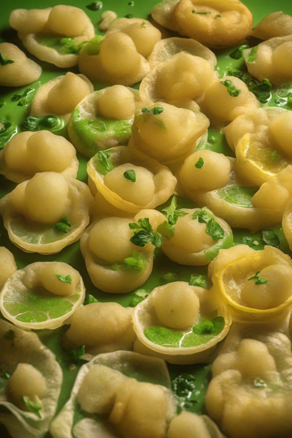 A high-resolution photo of lemon ginger fire pani puri, bright yellow-green pani fizzing in puris, under soft lighting.