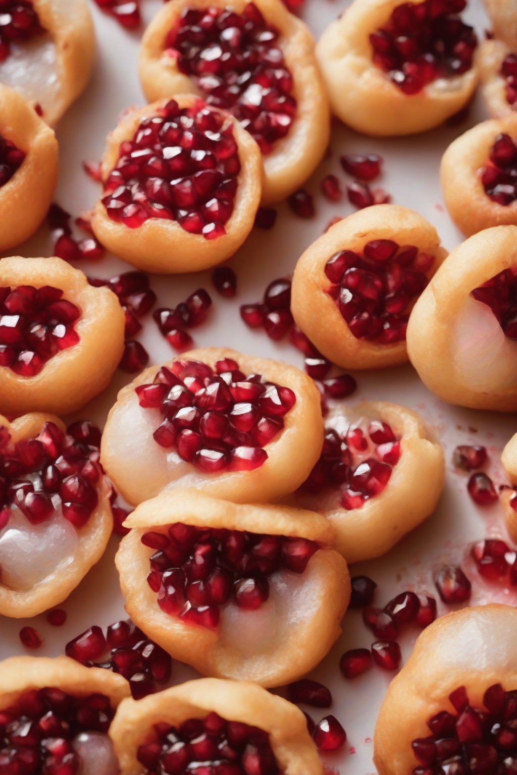 A high-resolution photo of pomegranate pepper burst pani puri, ruby-red pani with seeds popping from puris, under soft lighting.
