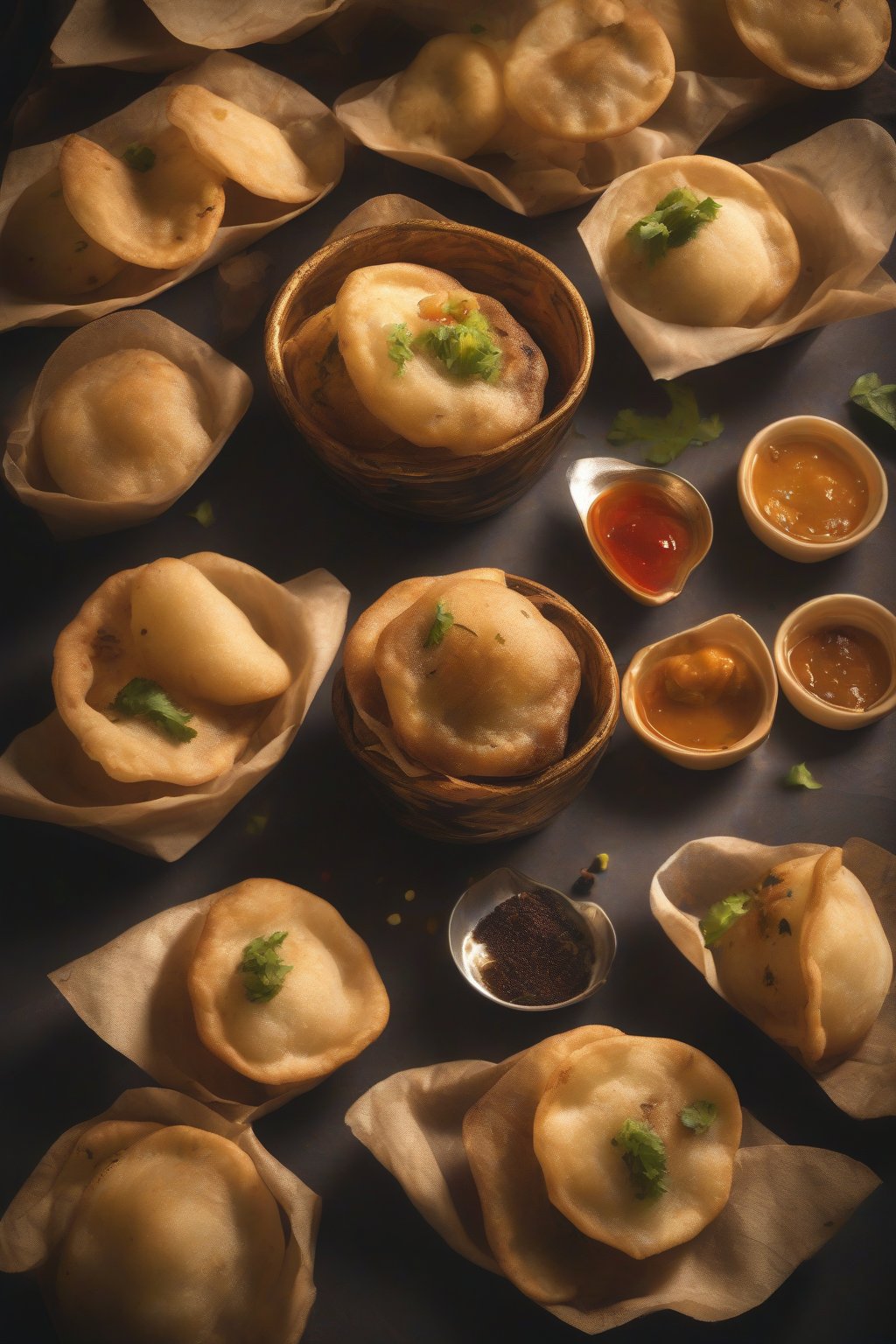 A high-resolution photo of smoky chipotle pani puri, puris with dark smoky pani trails, under soft lighting.