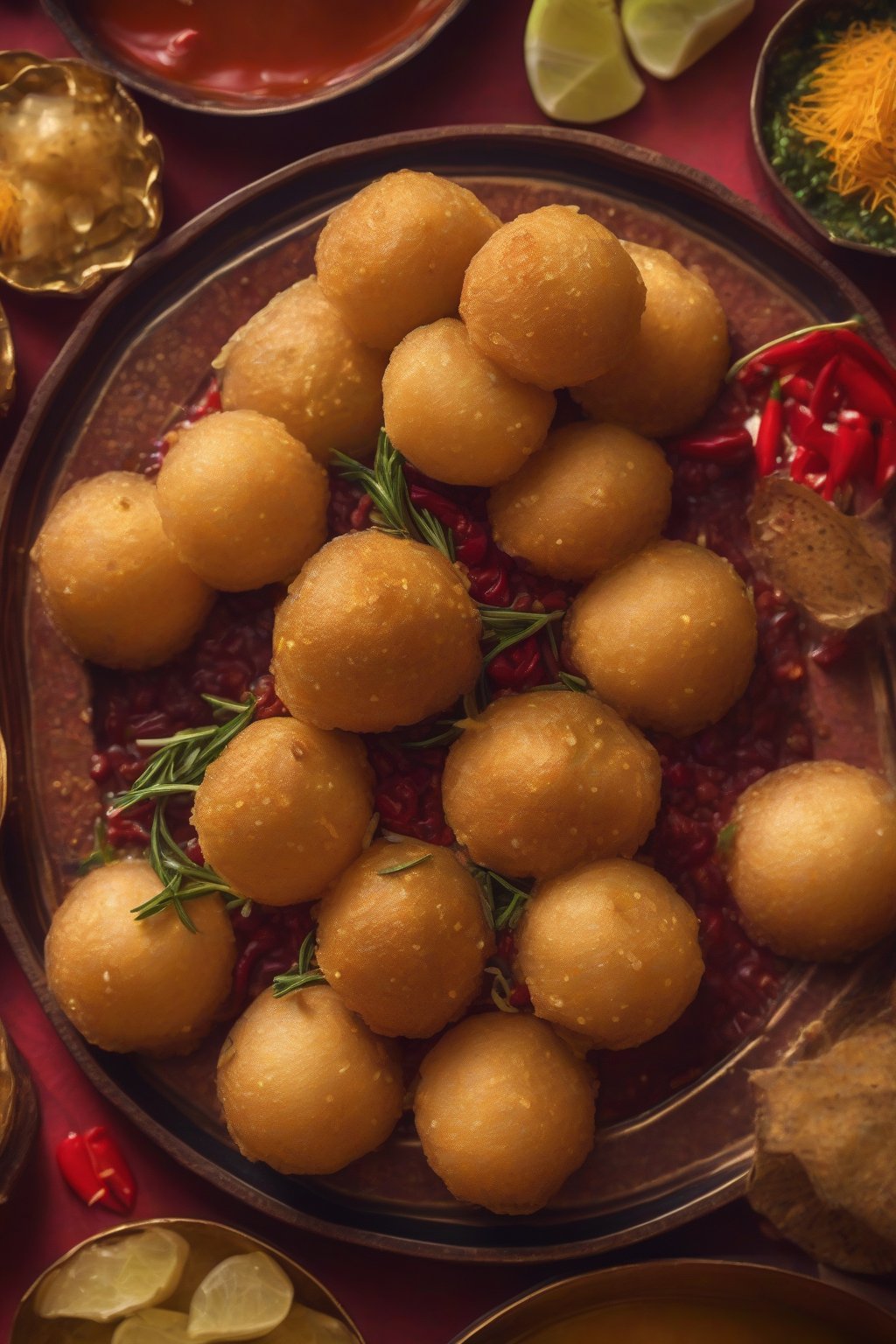 A high-resolution photo of rosemary red chili pani puri, herb-flecked red pani cascading over golden puris, under soft lighting.