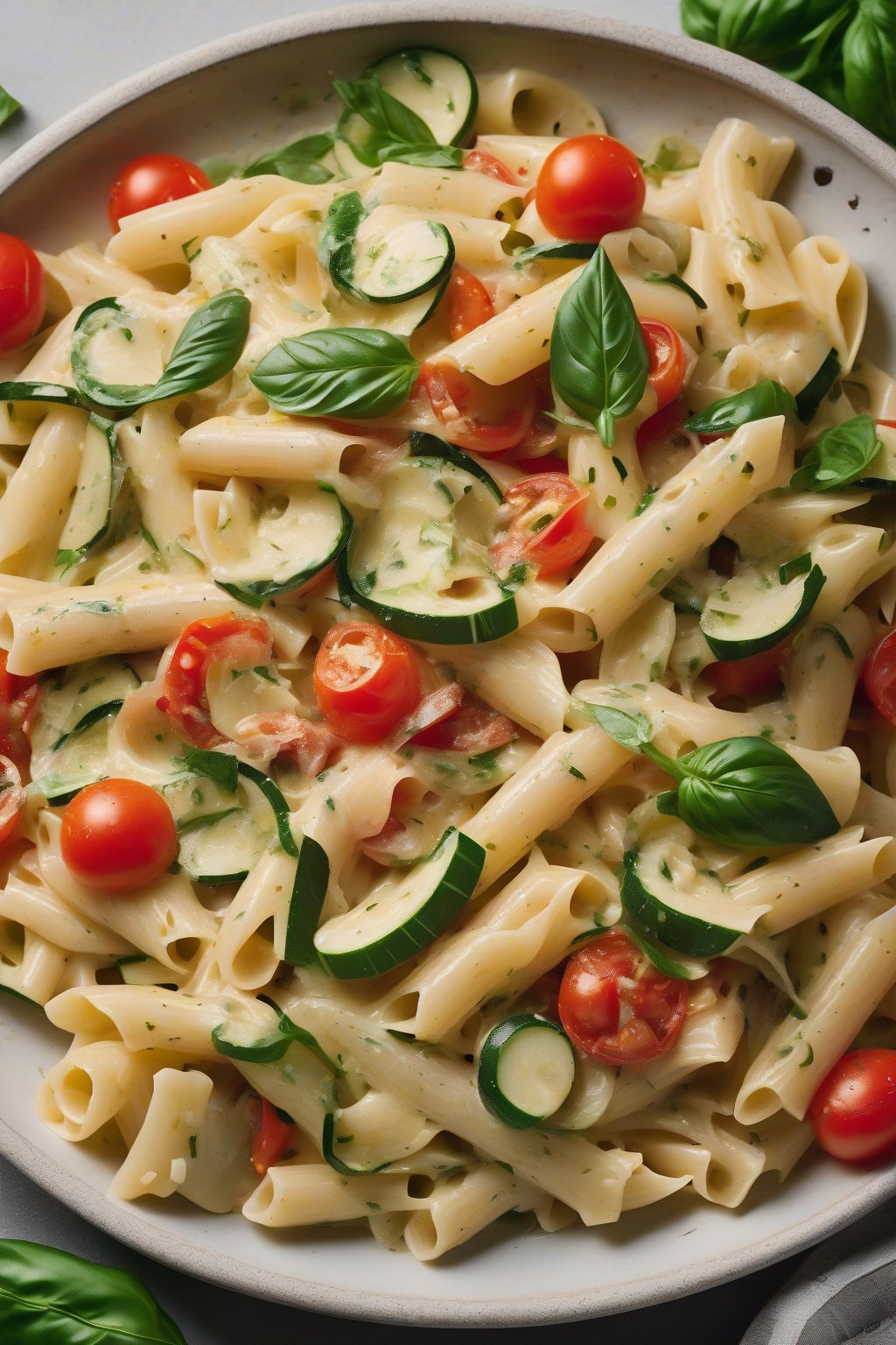 A high-resolution photo of creamy pasta primavera with tomatoes and zucchini, basil leaves scattered, under soft lighting.