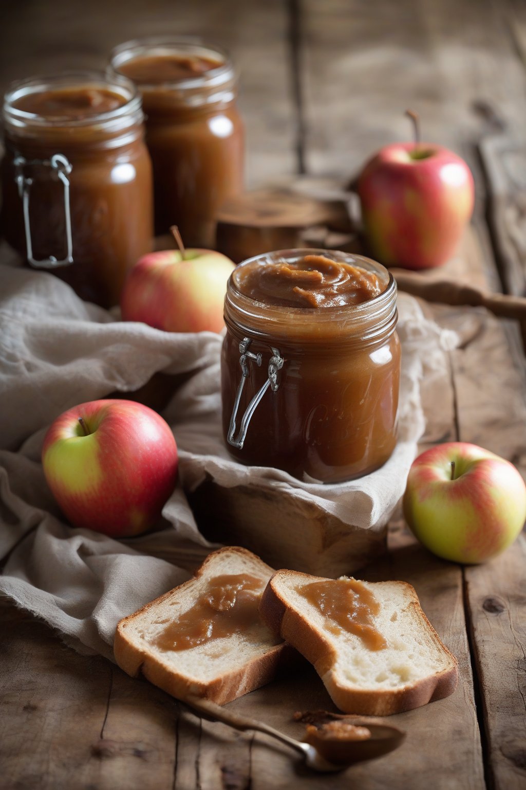 A high-resolution photo of classic spiced apple butter in a rustic jar, swirled on fresh bread under soft lighting.