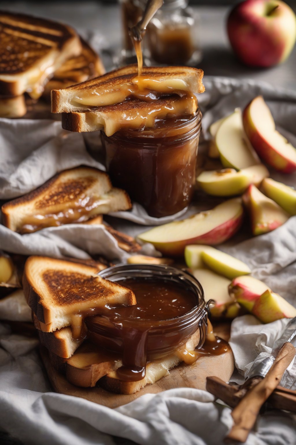 A high-resolution photo of bourbon apple butter drizzled over grilled cheese under soft lighting.