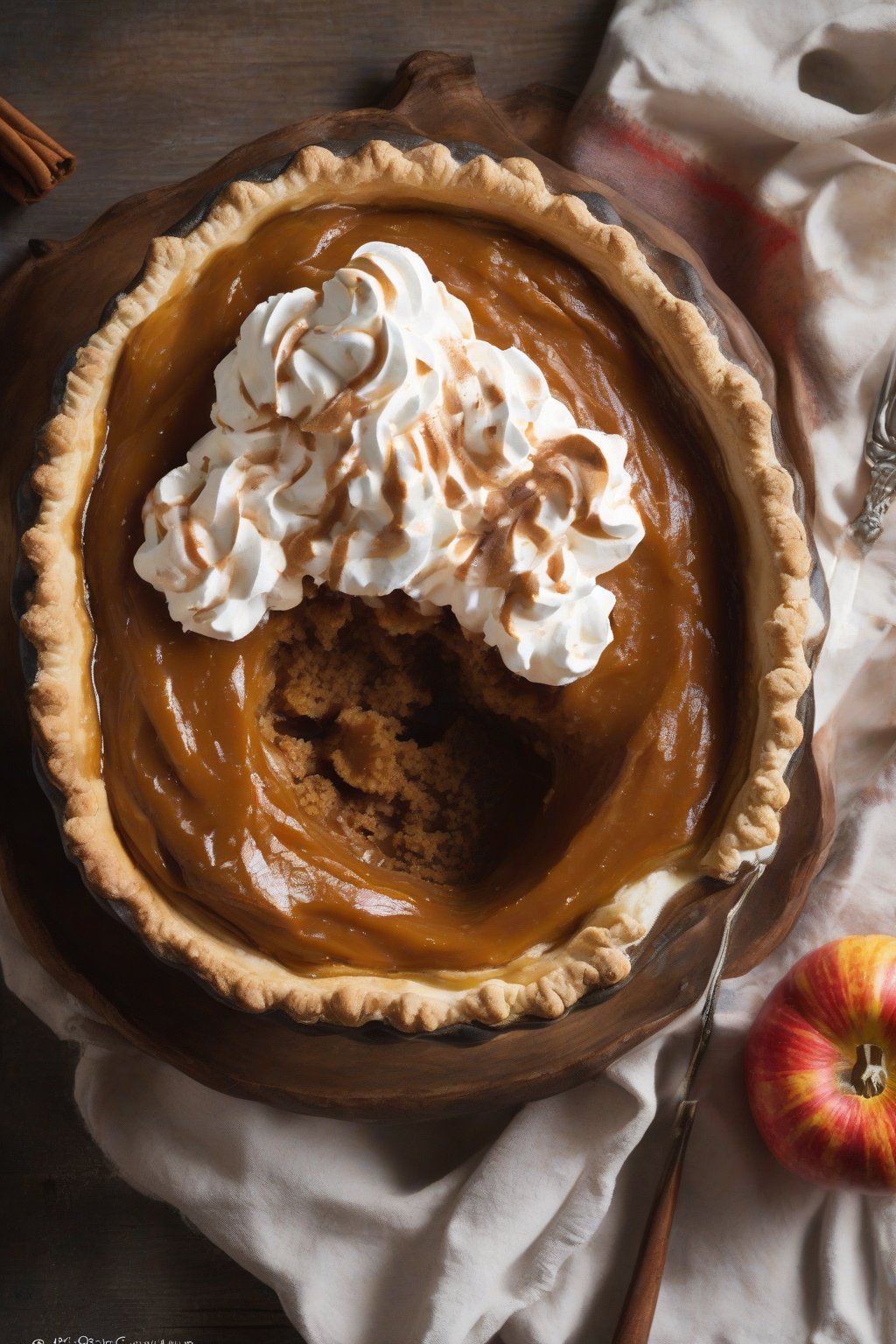 A high-resolution photo of pumpkin pie apple butter in a pumpkin bowl with whipped cream under soft lighting.