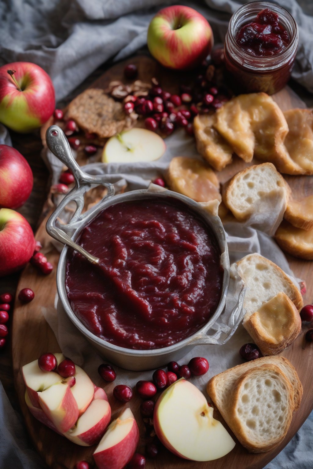 A high-resolution photo of cranberry apple butter on a charcuterie board under soft lighting.