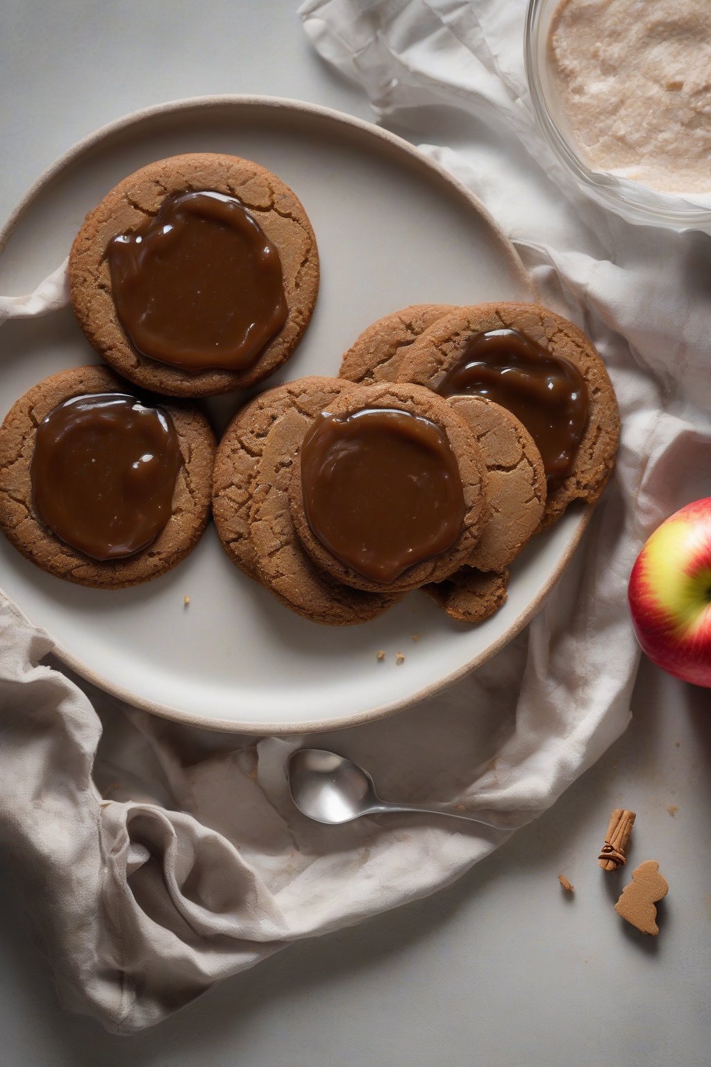 A high-resolution photo of gingerbread apple butter slathered on ginger cookies under soft lighting.