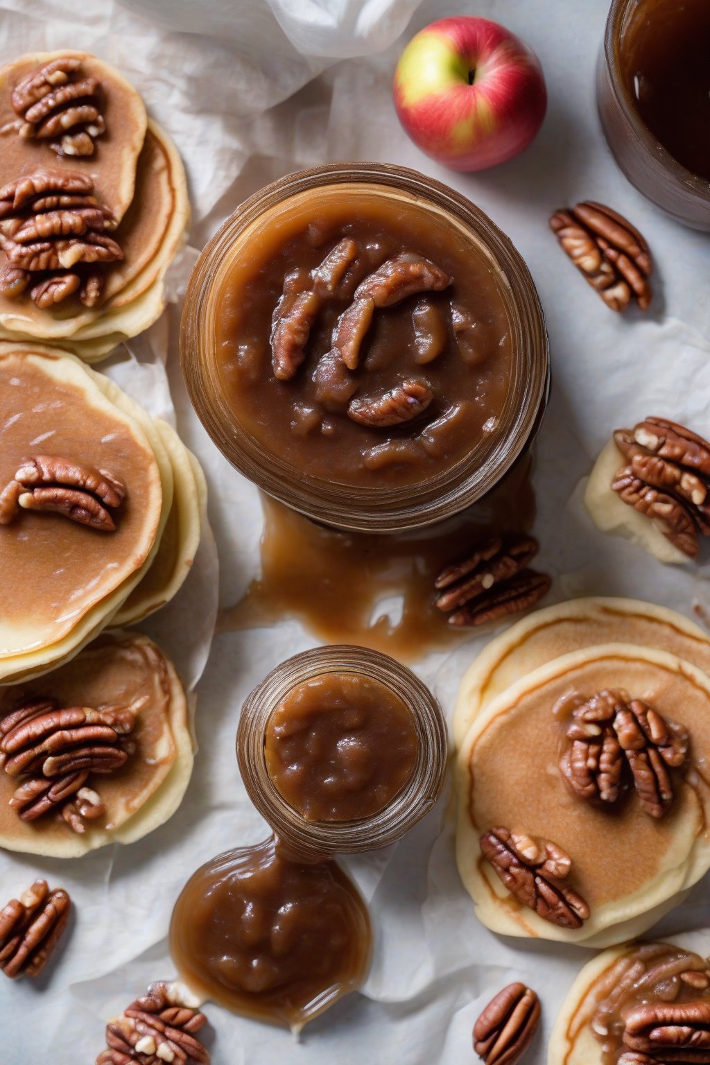 A high-resolution photo of maple pecan apple butter with whole pecans on pancakes under soft lighting.
