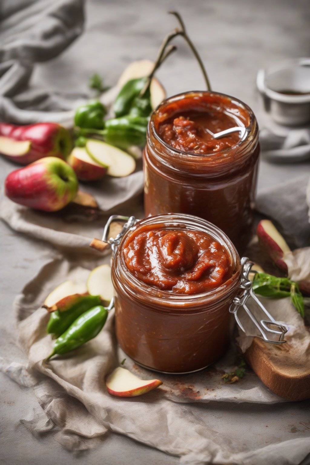 A high-resolution photo of spicy chili apple butter on grilled meats under soft lighting.