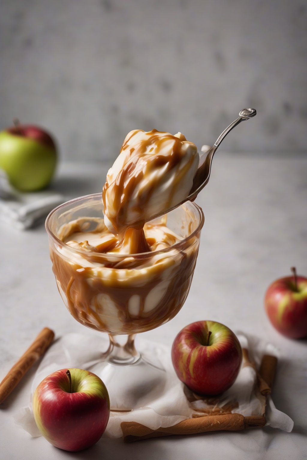 A high-resolution photo of caramel apple butter swirled in a sundae glass under soft lighting.