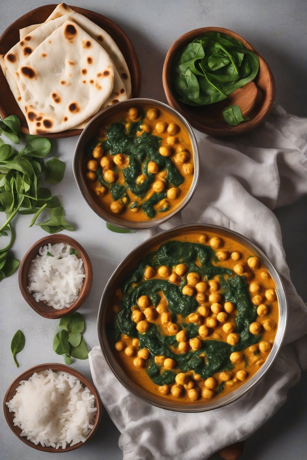 A high-resolution photo of chickpea spinach curry in a bowl with coconut milk swirling, naan on the side, under soft lighting.