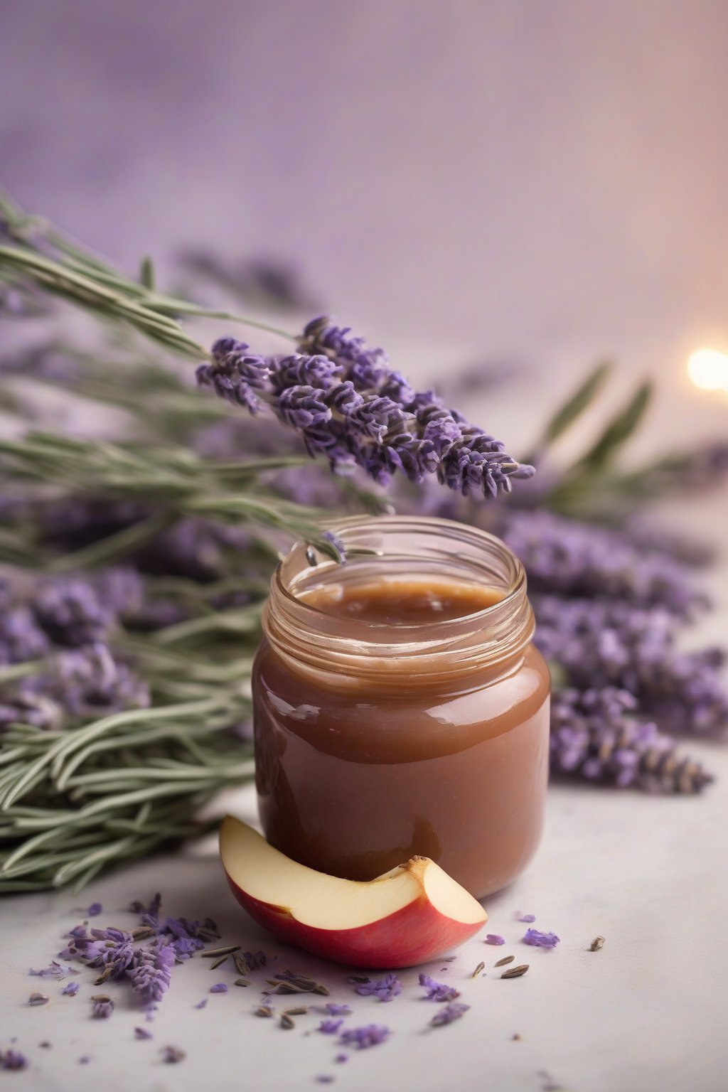 A high-resolution photo of lavender apple butter in a delicate jar with lavender sprigs under soft lighting.
