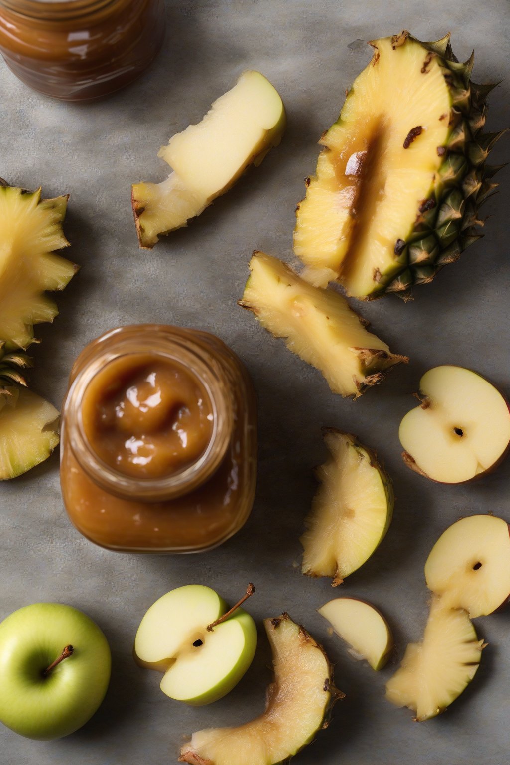 A high-resolution photo of tropical pineapple apple butter on pineapple slices under soft lighting.