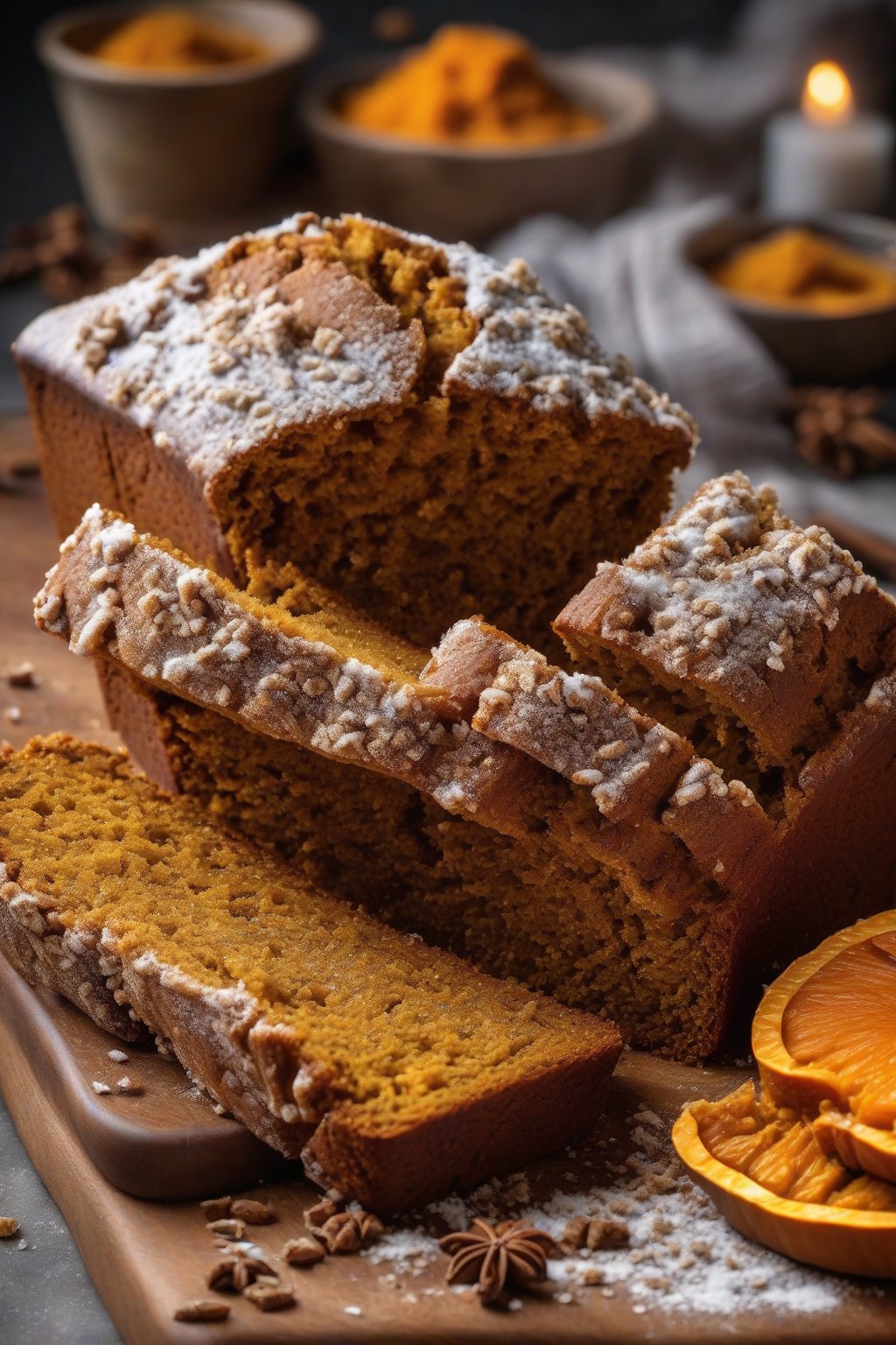 A high-resolution photo of a sliced loaf of classic spiced pumpkin bread revealing its moist orange crumb, dusted with powdered sugar, under soft lighting.