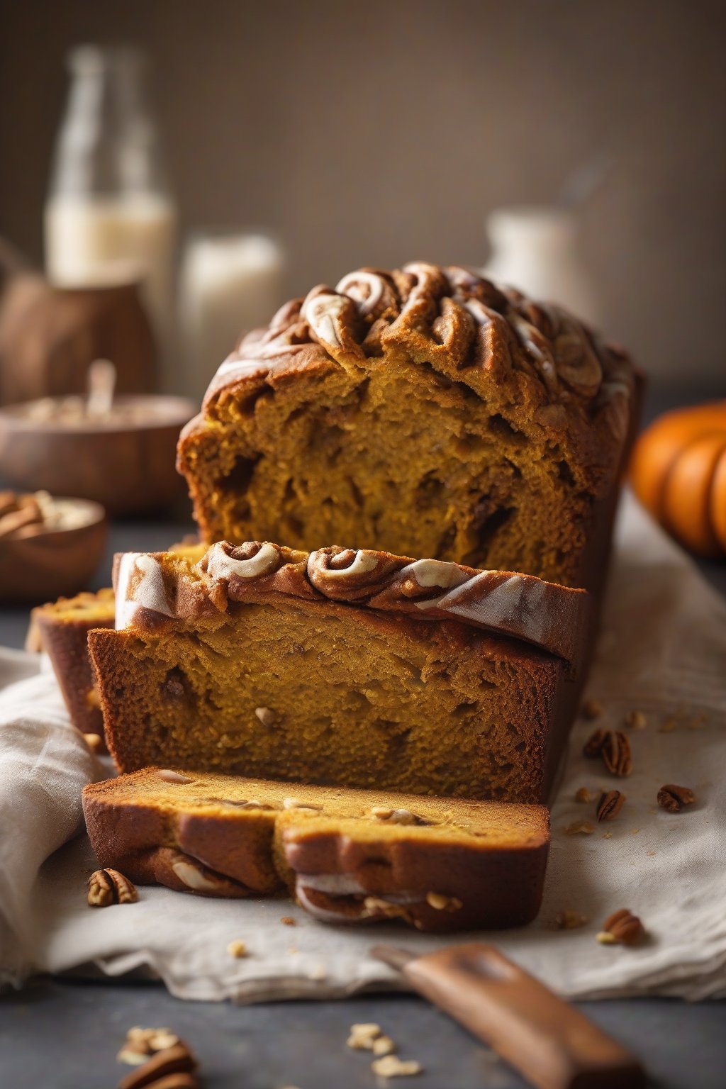 A high-resolution photo of walnut cinnamon pumpkin bread with visible nut chunks and cinnamon swirls, steam rising from a fresh slice, under soft lighting.