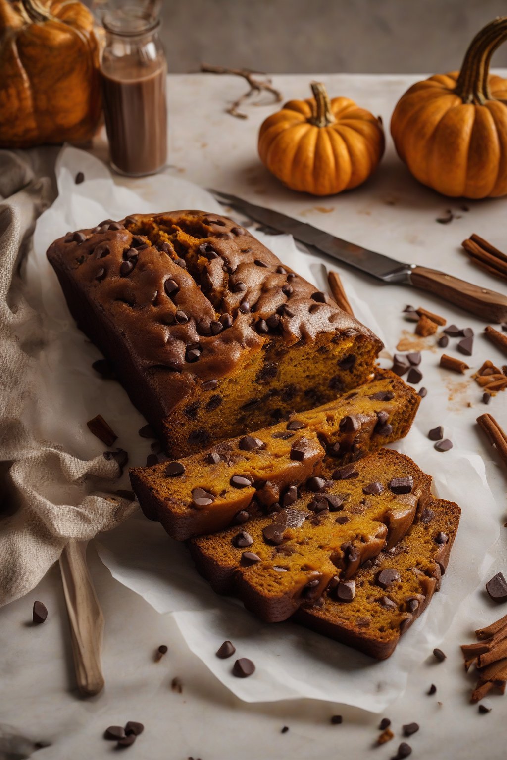 A high-resolution photo of chocolate chip spiced pumpkin bread with gooey melted chips oozing from a warm slice, under soft lighting.