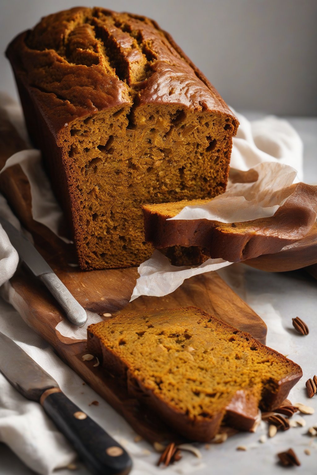A high-resolution photo of a vegan spiced pumpkin bread loaf with a glossy top, sliced to show fluffy texture, under soft lighting.