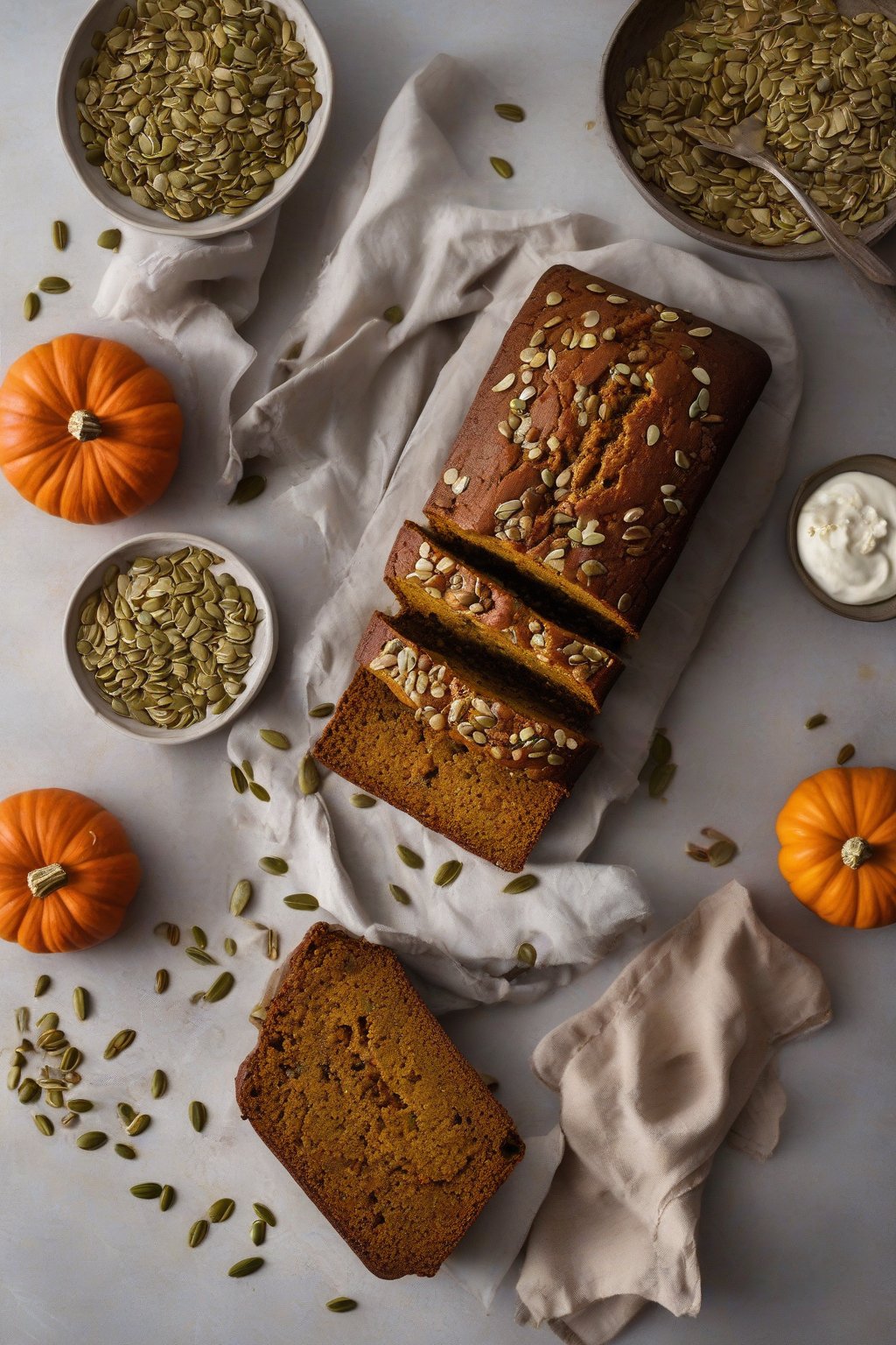 A high-resolution photo of gluten-free spiced pumpkin bread with a rustic crumb, topped with pumpkin seeds, under soft lighting.