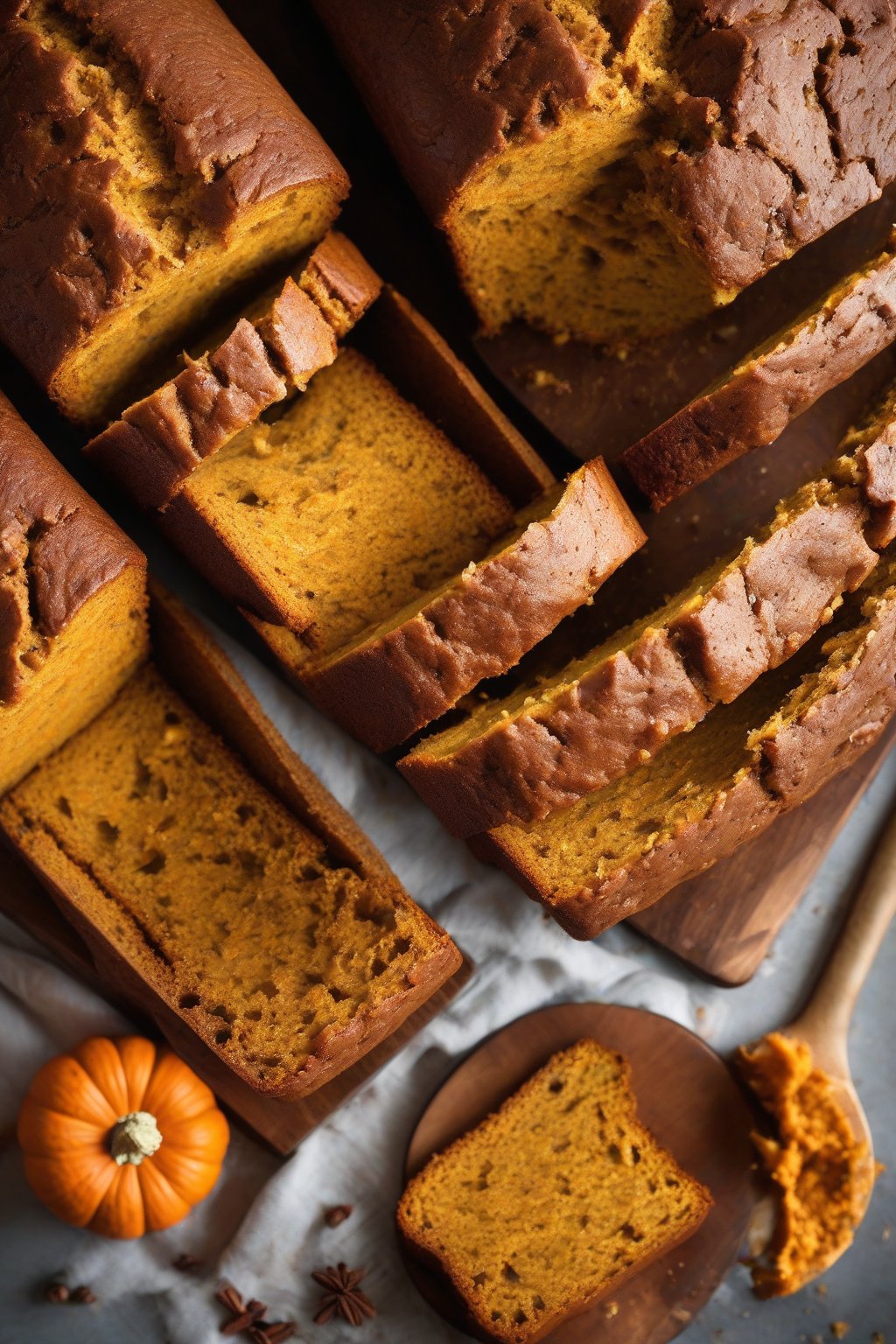 A high-resolution photo of ginger clove pumpkin bread sliced open, showing spicy flecks throughout the vibrant orange interior, under soft lighting.