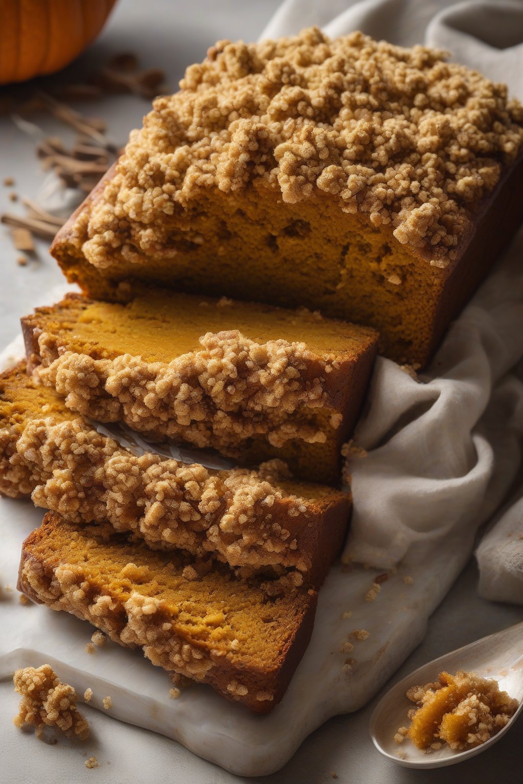 A high-resolution photo of streusel-topped spiced pumpkin bread with golden crumbly topping cascading over a slice, under soft lighting.