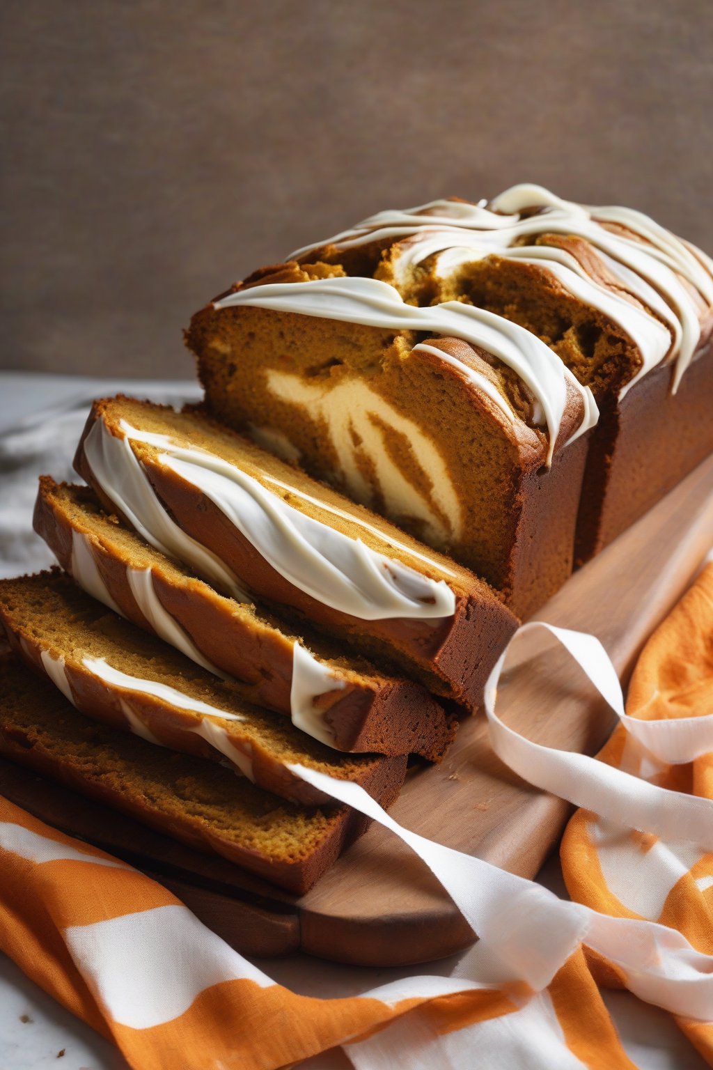 A high-resolution photo of cream cheese swirl pumpkin bread with white ribbons weaving through orange batter in a cross-section slice, under soft lighting.