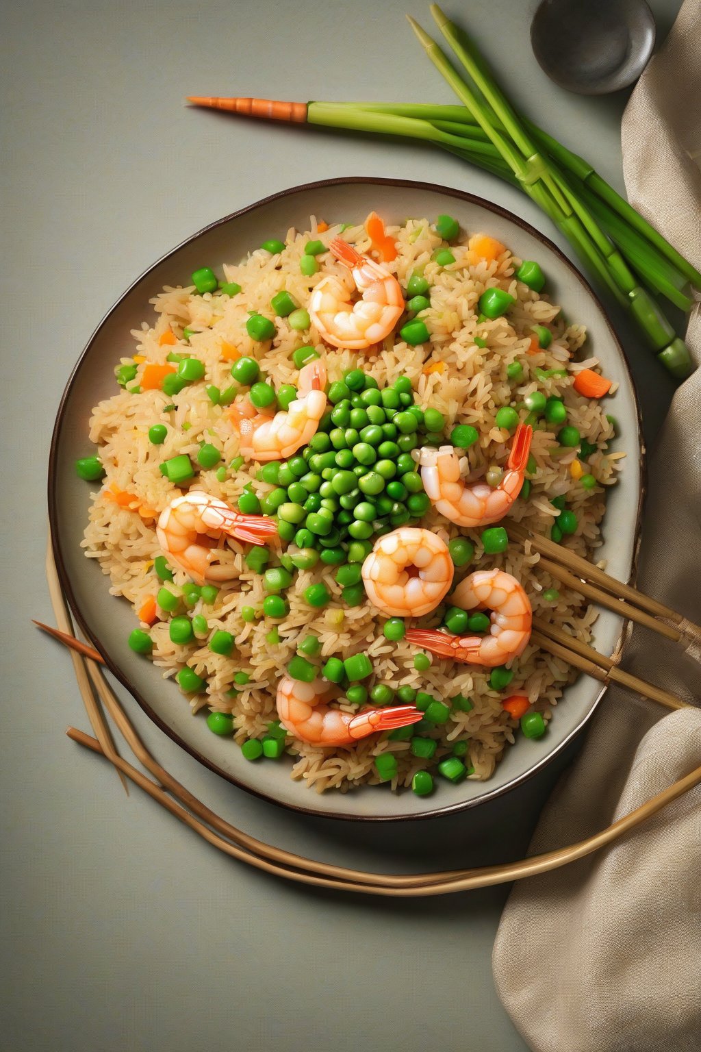 A high-resolution photo of golden shrimp fried rice with peas, carrots, and green onions, chopsticks nearby, under soft lighting.