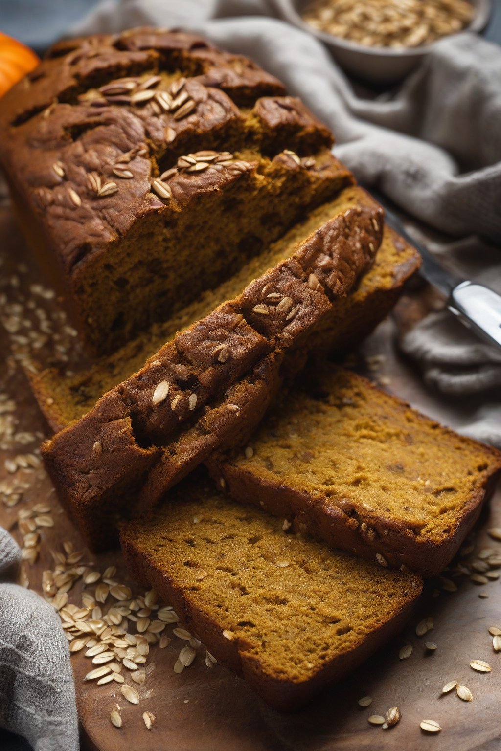 A high-resolution photo of oat-flour healthy pumpkin bread with a hearty texture, garnished with oats, under soft lighting.