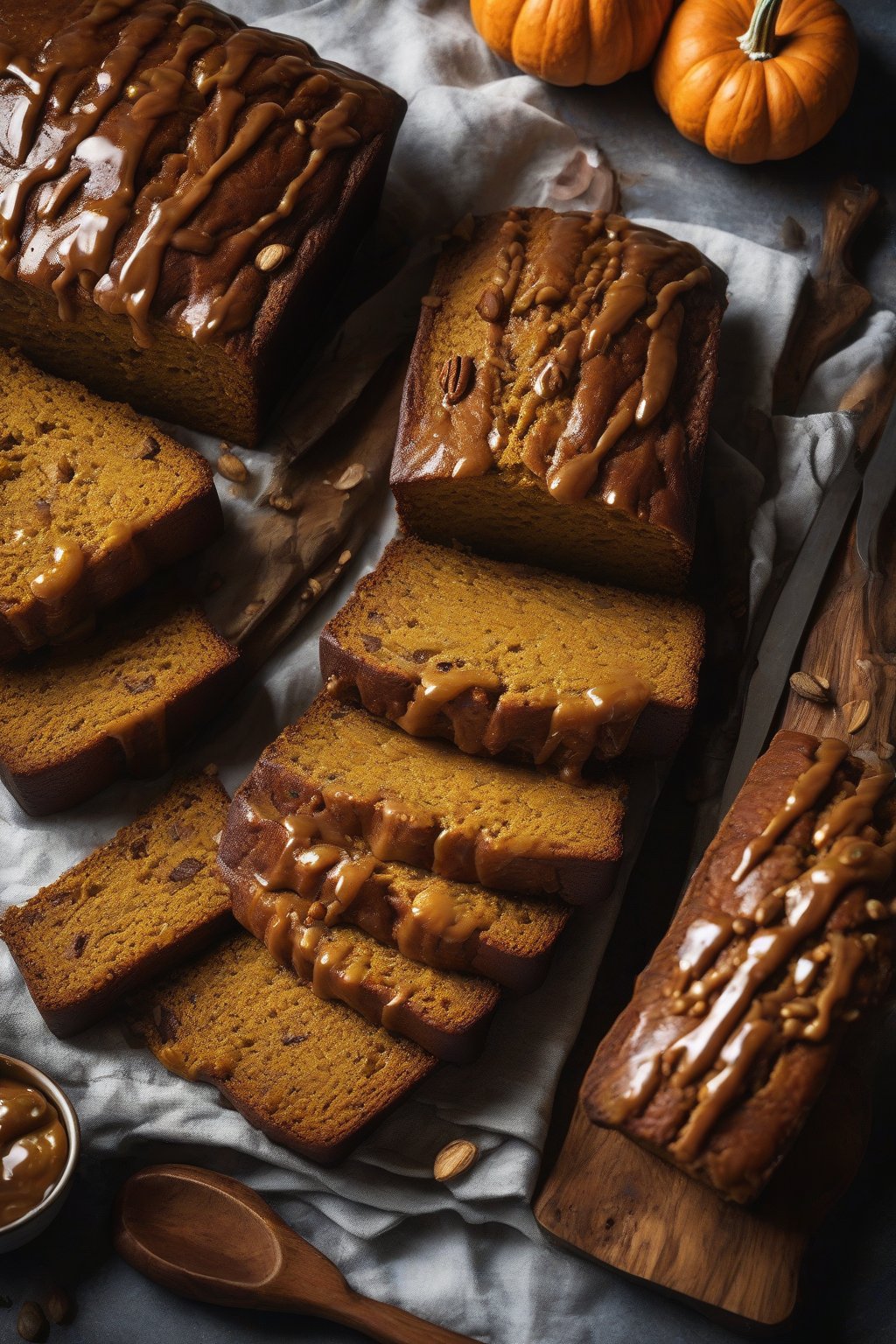 A high-resolution photo of maple glazed spiced pumpkin bread with shiny drizzle pooling on a platter, fresh slice nearby, under soft lighting.