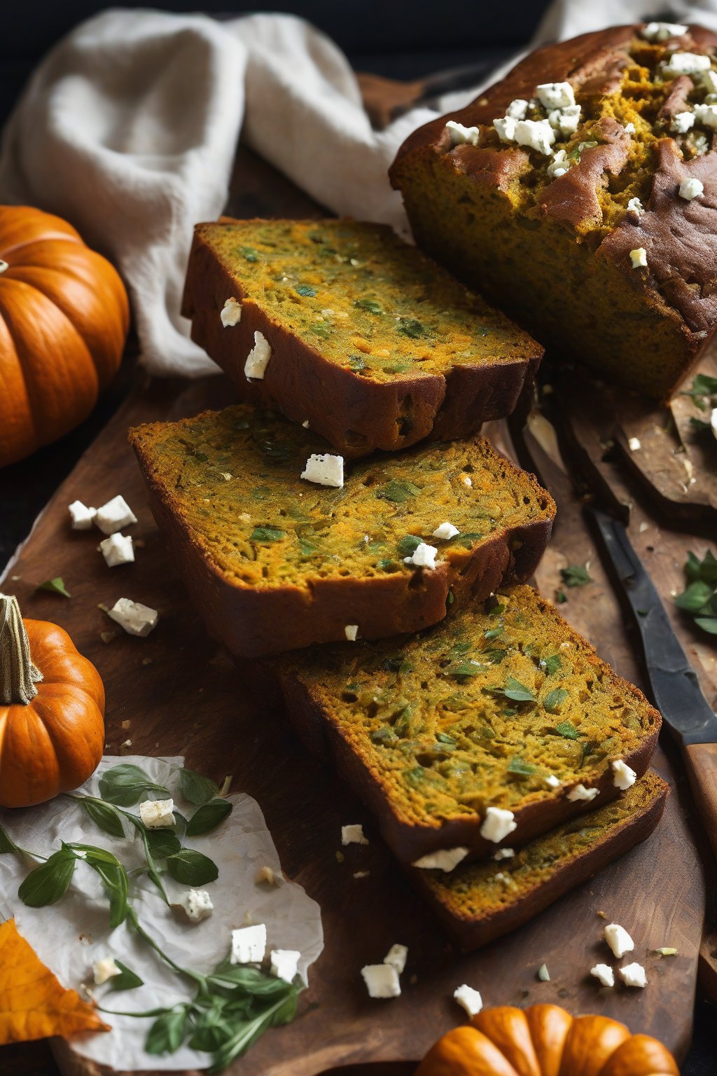 A high-resolution photo of savory herb spiced pumpkin bread studded with feta, sliced to reveal green flecks, under soft lighting.
