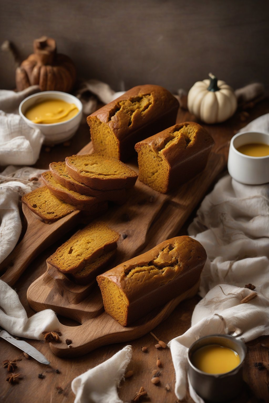 A high-resolution photo of mini spiced pumpkin bread loaves arranged on a wooden board, one split open with butter, under soft lighting.