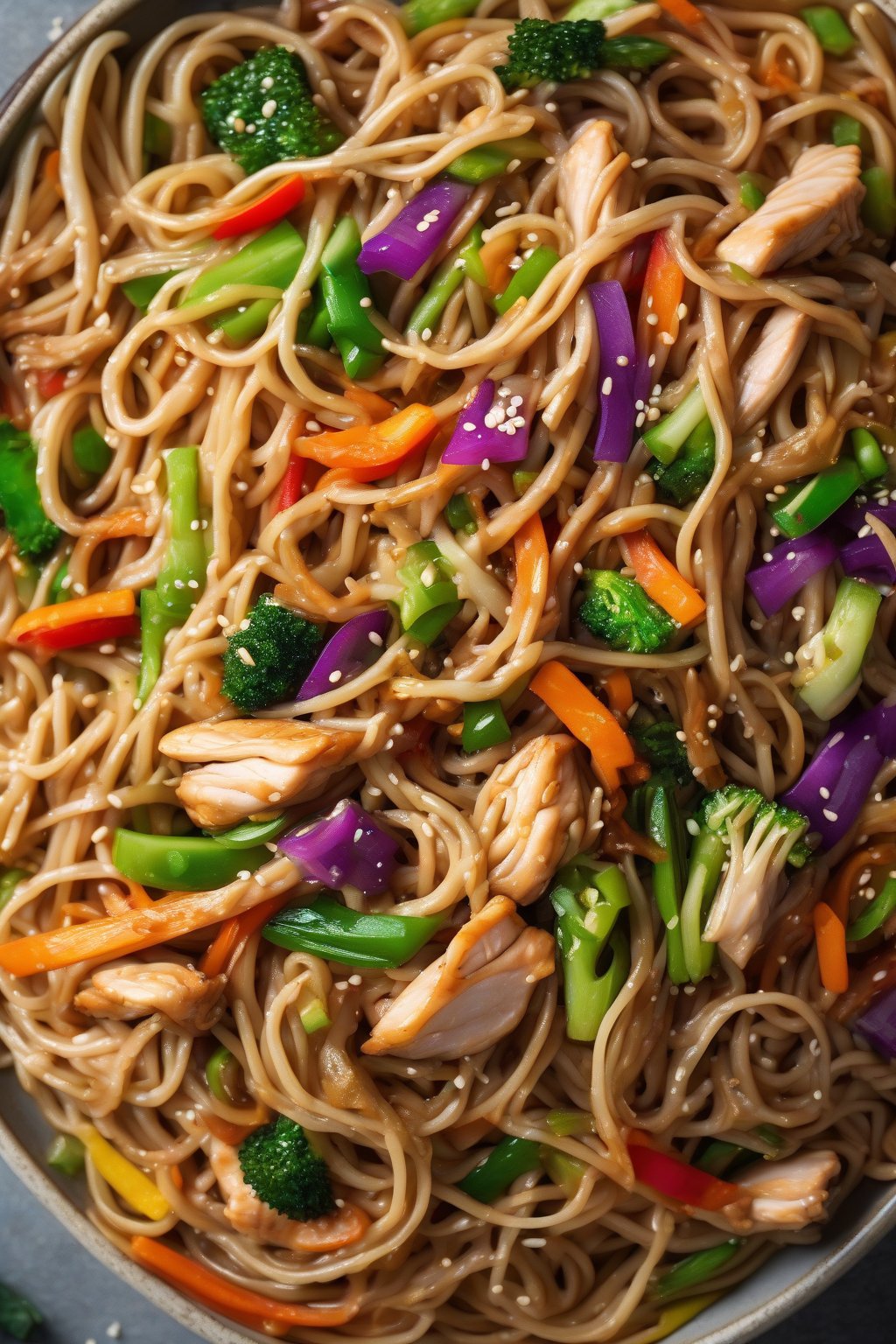 A high-resolution photo of glossy chicken lo mein noodles tossed with colorful veggies and sesame seeds under soft lighting.