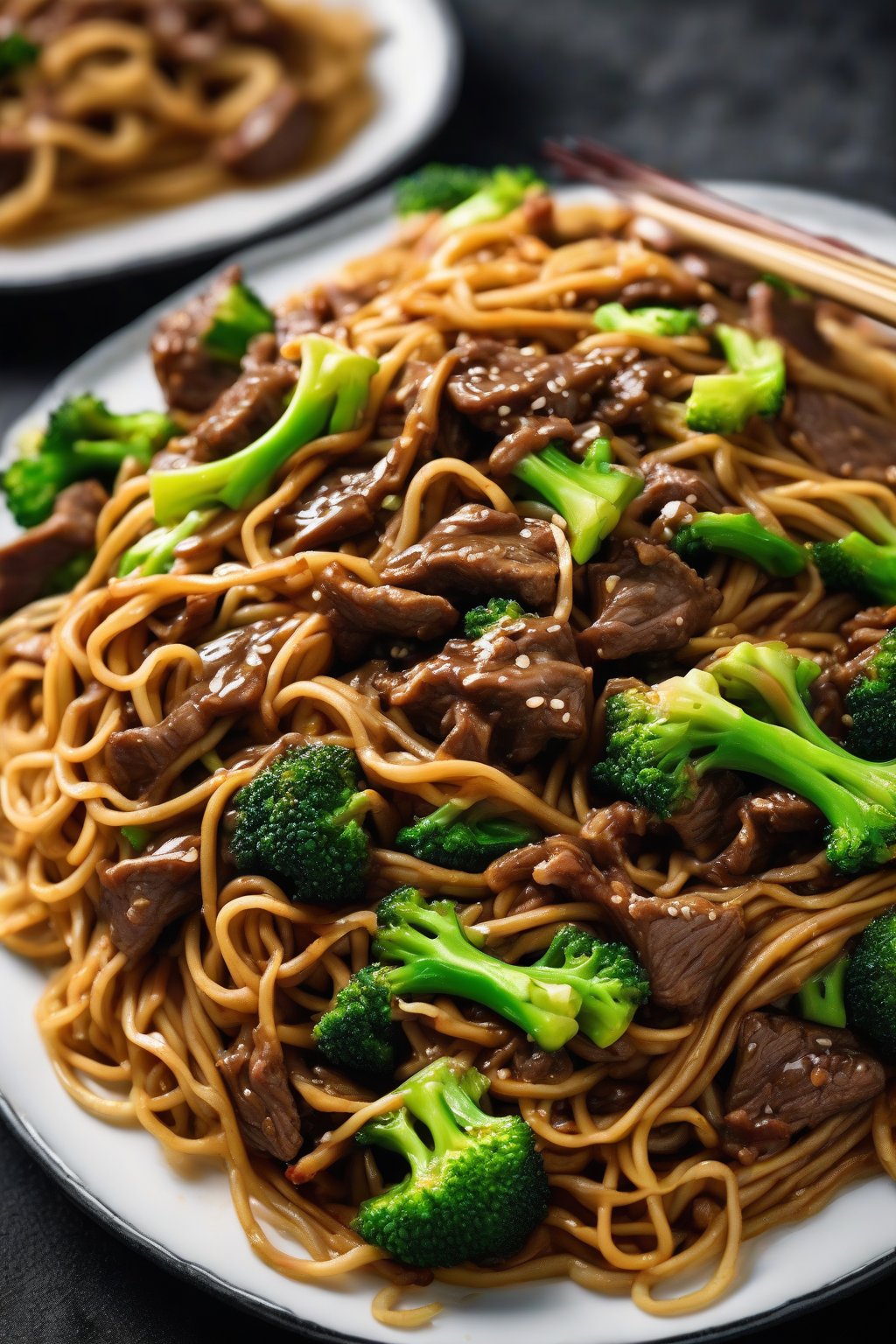 A high-resolution photo of saucy beef and broccoli lo mein with tender meat slices under soft lighting.