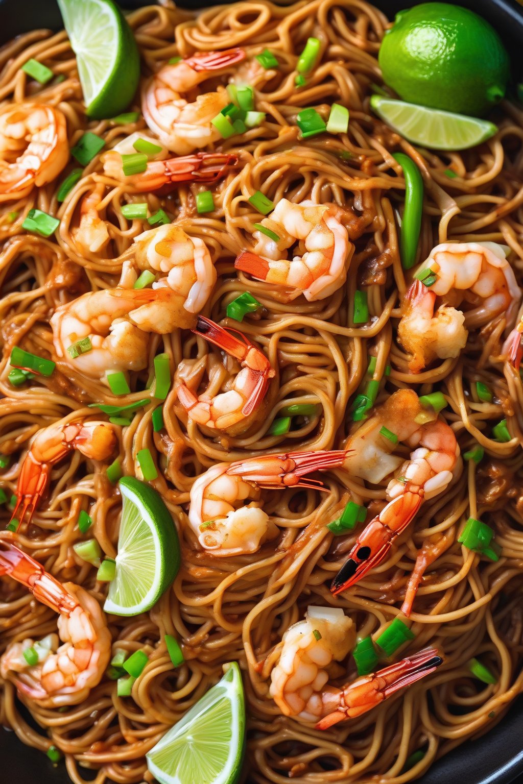 A high-resolution photo of vibrant spicy shrimp lo mein with glossy sauce and lime wedges under soft lighting.