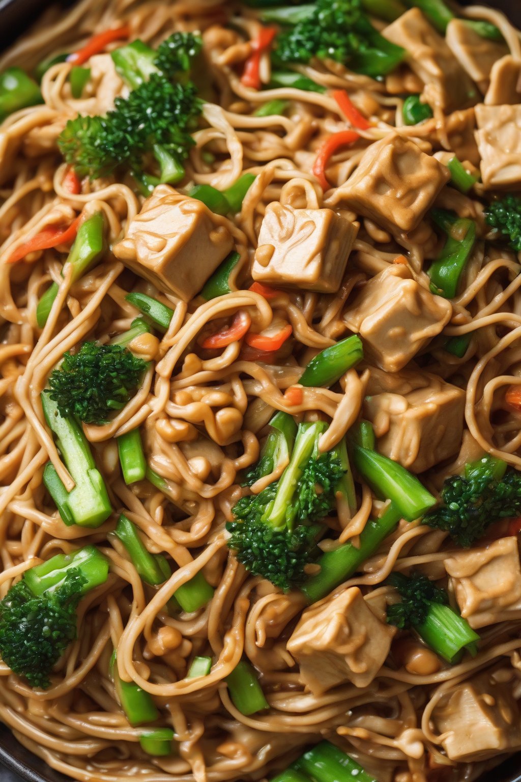 A high-resolution photo of creamy peanut saucy veggie lo mein with tofu cubes under soft lighting.