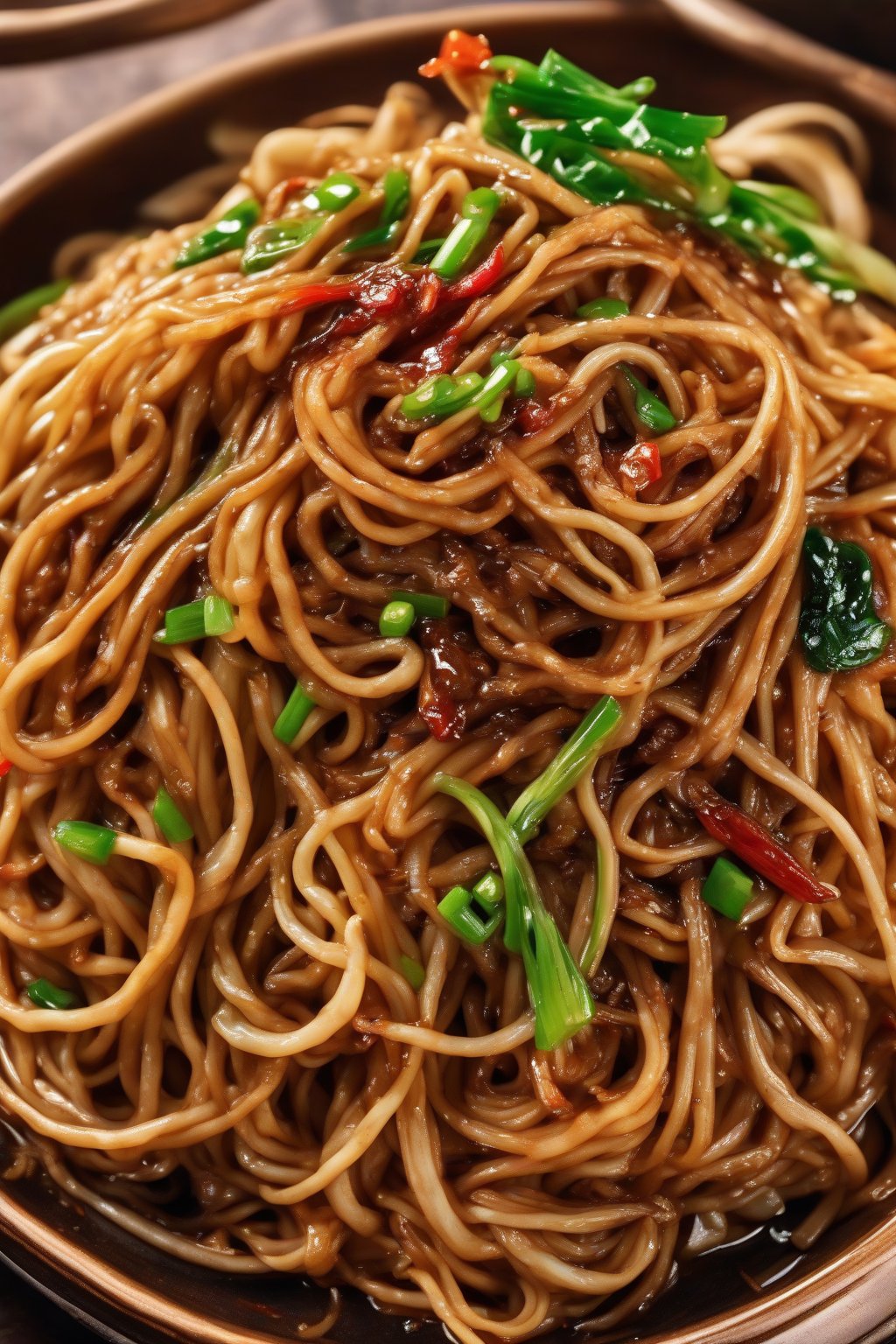 A high-resolution photo of fiery Szechuan lo mein noodles with glossy chili oil sheen under soft lighting.