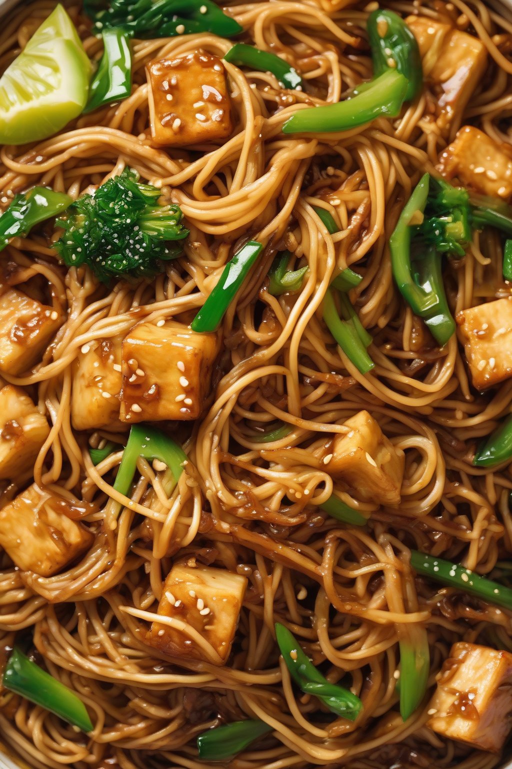 A high-resolution photo of teriyaki-glazed tofu lo mein with pineapple bits under soft lighting.