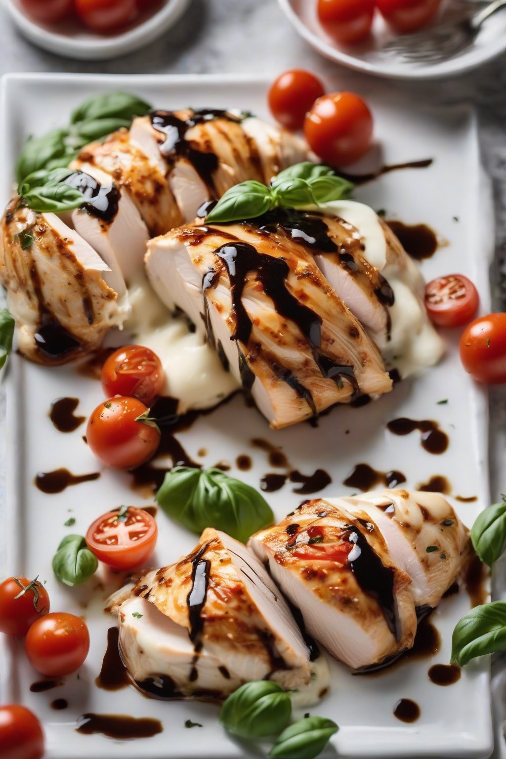 A high-resolution photo of sliced caprese stuffed chicken breast revealing melted mozzarella and tomatoes, balsamic drizzle, under soft lighting.